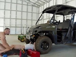 Hunk Fucks Hot Stud Trapped Underneath A Quad Without A Condom
